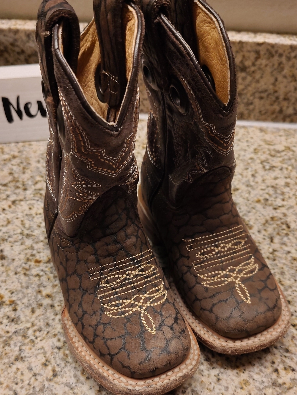Girls Brown Western-Style Pull-On Boots with Embroidered Toe